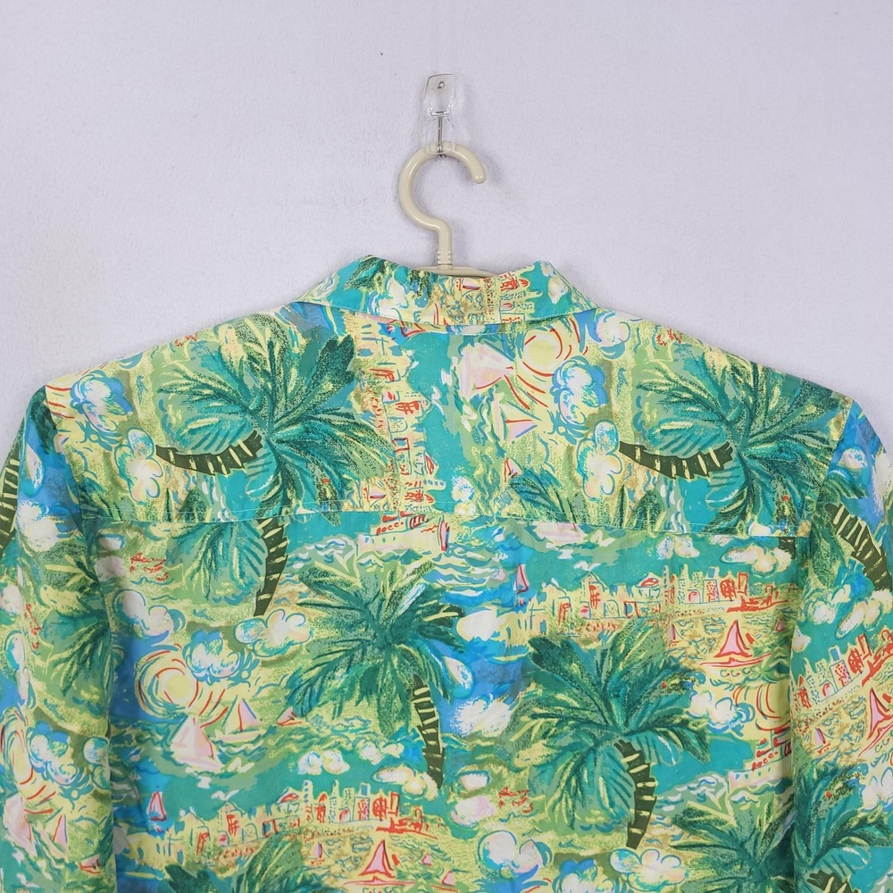 Robert Stock Shirt Mens Large Green Tropical Palm Tree Sailboat Button Front - Picture 9 of 13